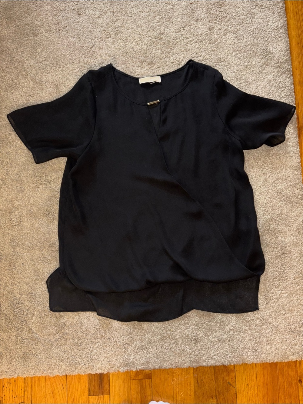 Black Short-Sleeve Wrap Blouse with Neck Bar